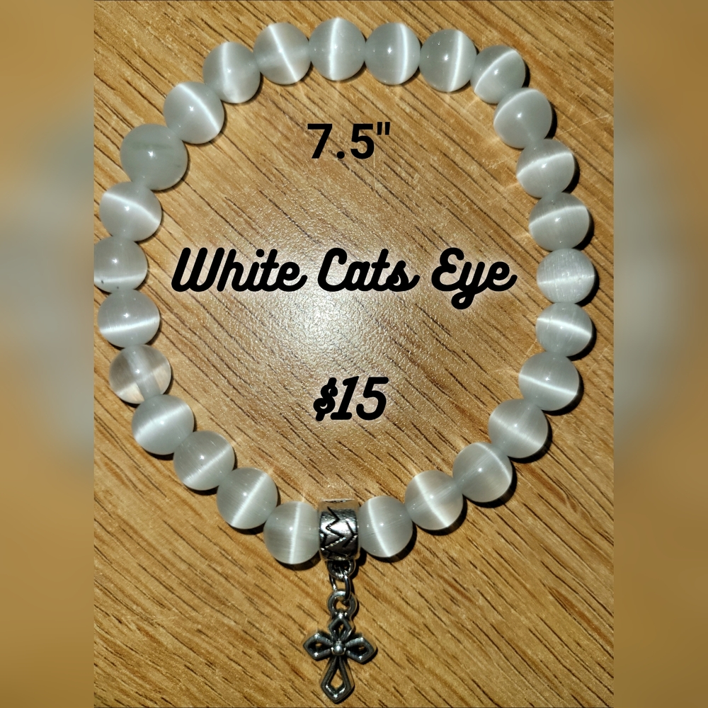 White Cats Eye w/ Cross Charm Bracelet (2)